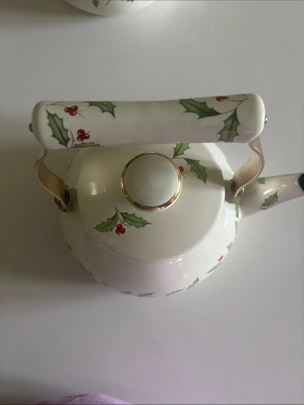 Lenox Holiday Enamel Ware Metal Tea Kettle Teapot Holly Berry China Handle